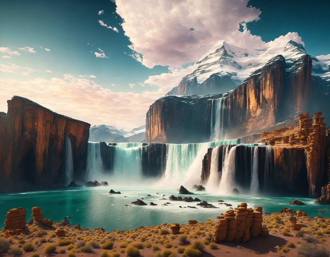 Majestic landscape with towering cliffs, waterfalls, lake, mountains, and sandy shore