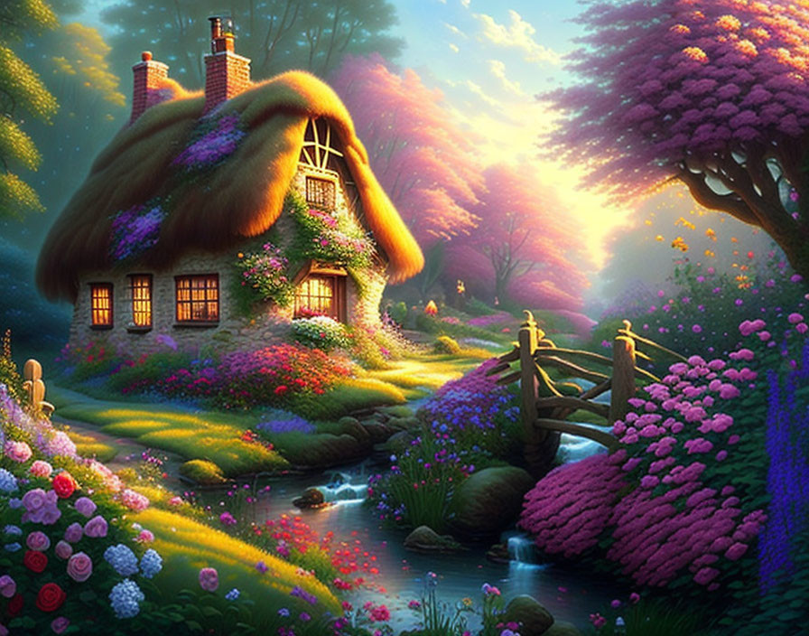 Thatched cottage in vibrant garden with stream and sunset