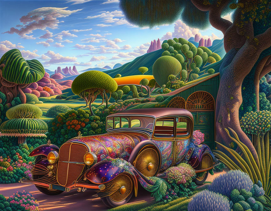 Colorful whimsical painting: Classic car in floral landscape