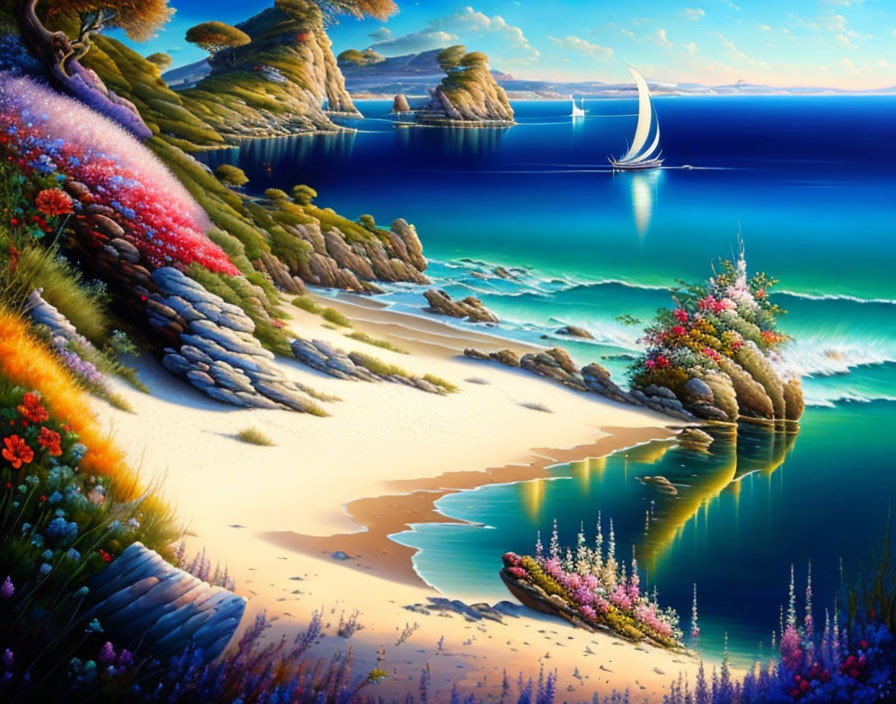 Colorful flowers, sailboat, and rock formations in vibrant beach scene