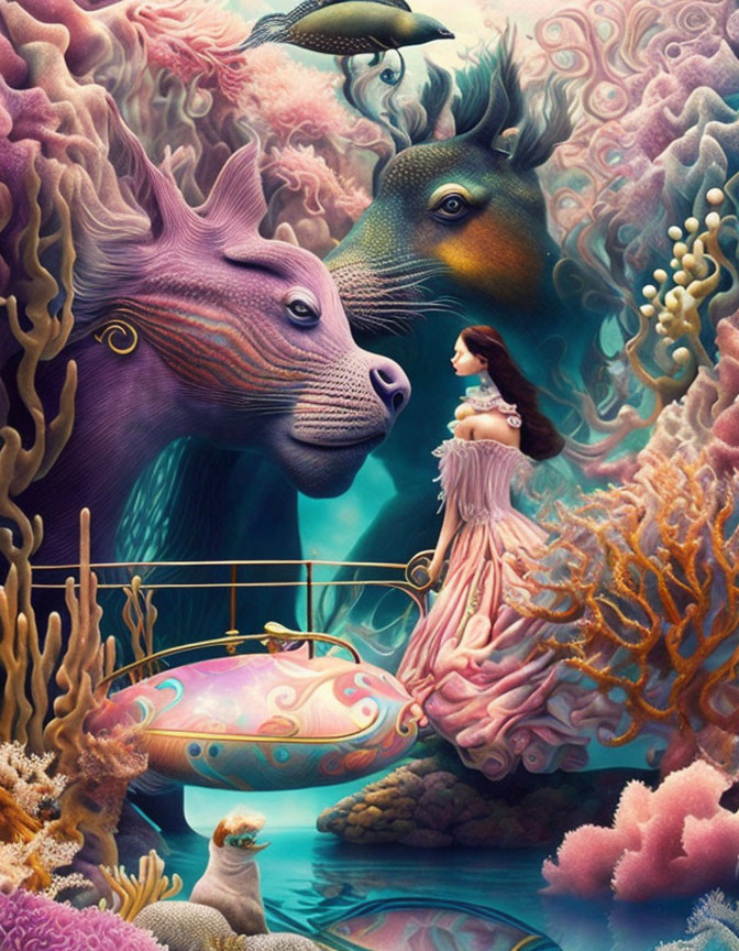 Vibrant coral, woman in pink dress, sea creatures, colorful submarine in fantastical underwater scene