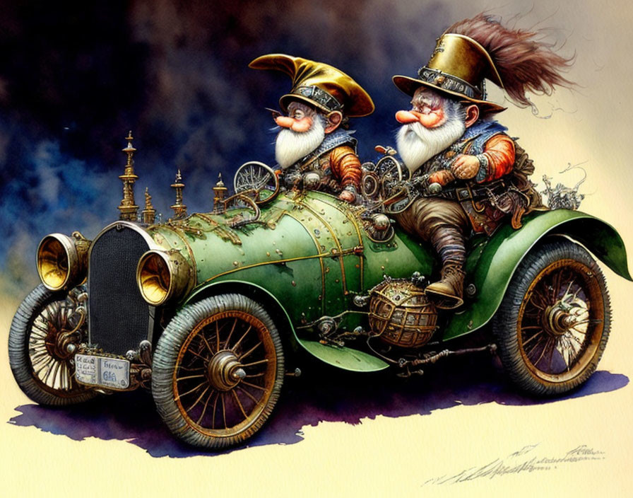 Whimsical bearded characters in steampunk attire driving vintage fantastical car