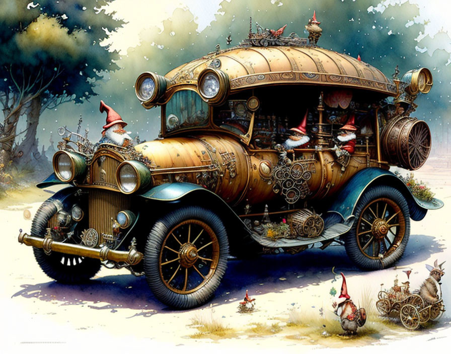 Whimsical Steampunk Vehicle with Gnomes and Nature