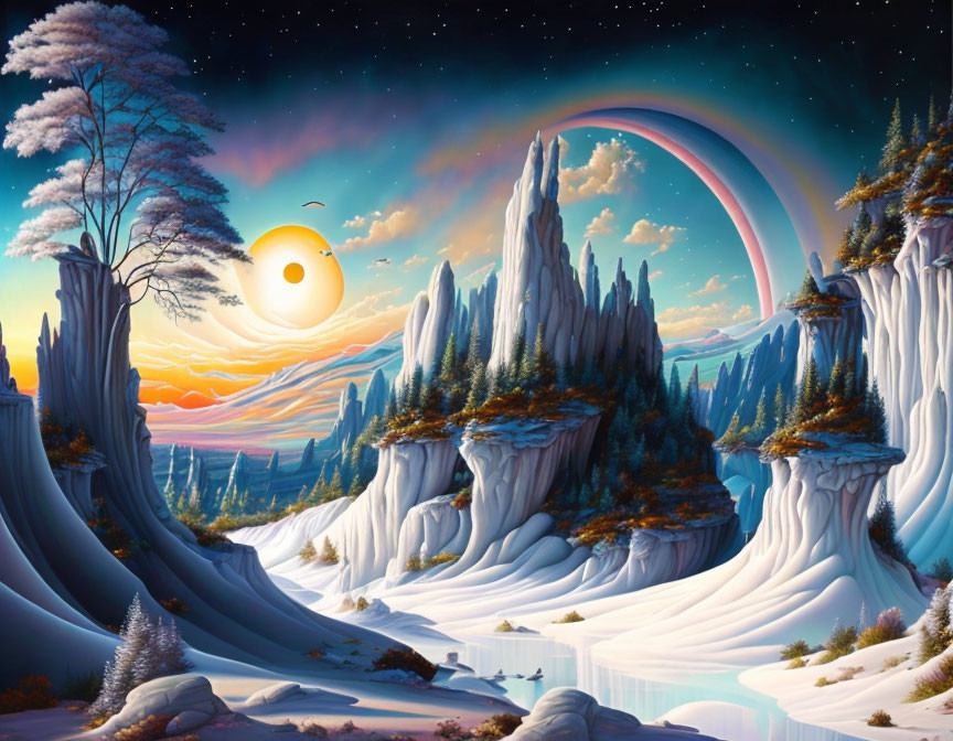 Fantasy landscape with snow-covered cliffs, waterfalls, sun, rainbow, and starry sky