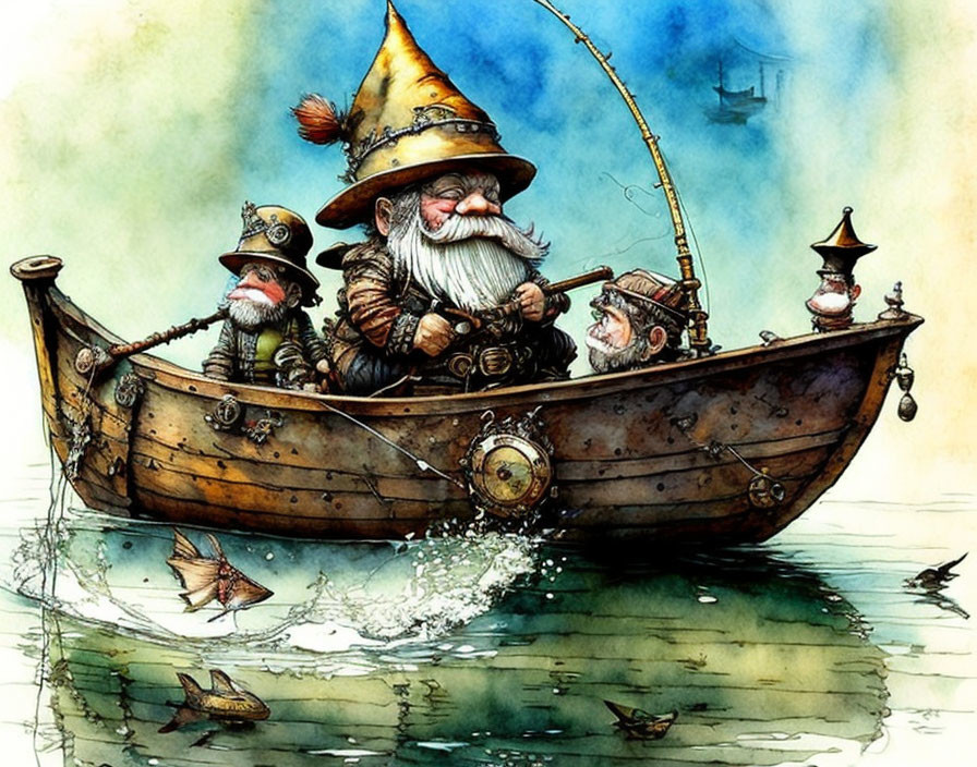 Fantasy-themed illustration of bearded characters in a wooden boat fishing