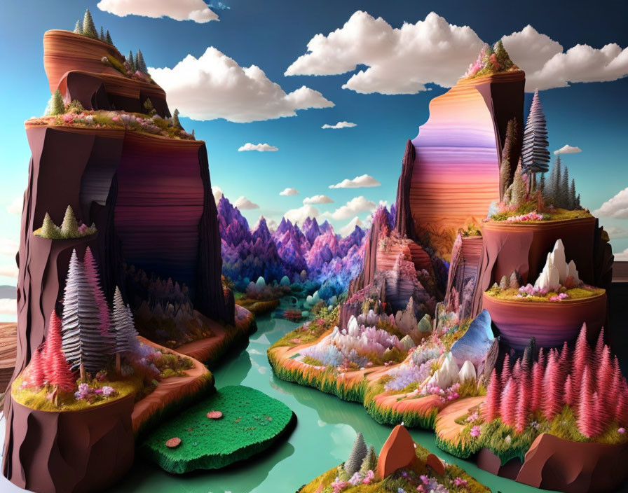 Colorful Fantasy Landscape with Tiered Mountains & Sparkling River