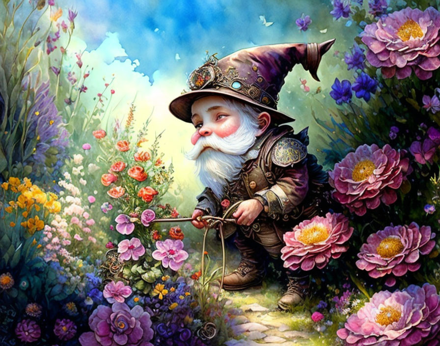 Colorful garden gnome trimming flowers in ornate outfit