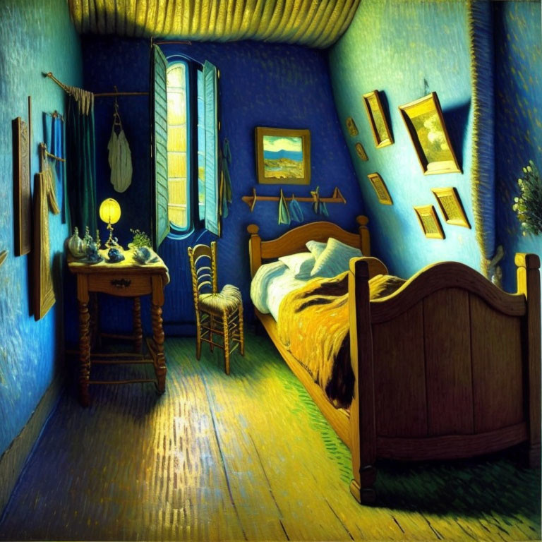 Colorful bedroom painting with wooden bed, yellow lamp, wall art, blue light from window, and