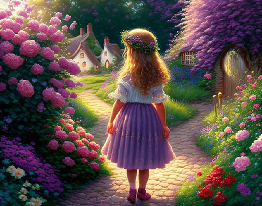 Young girl in purple dress walking towards cottage at sunset