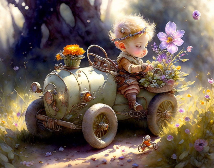 Whimsical illustration: Child driving vintage car in magical forest