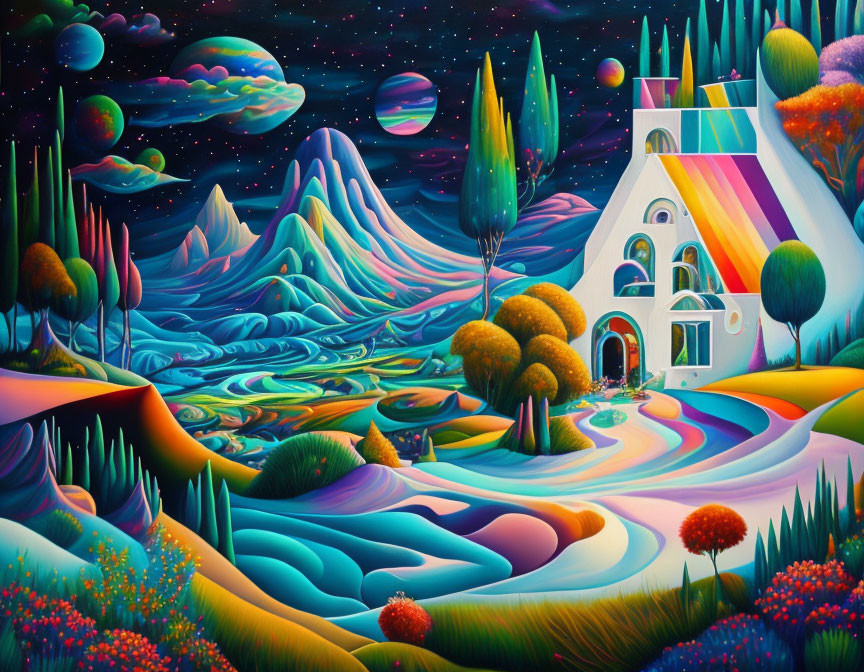 Vibrant surreal landscape with whimsical house and multiple moons