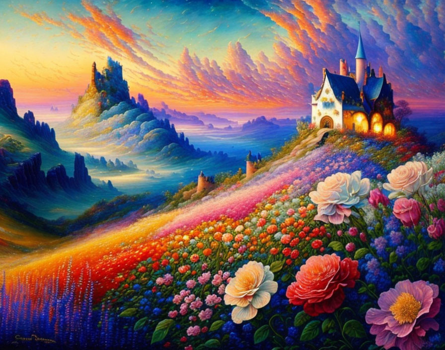 Colorful painting of cottage, floral landscape, castle, and sunset sky.