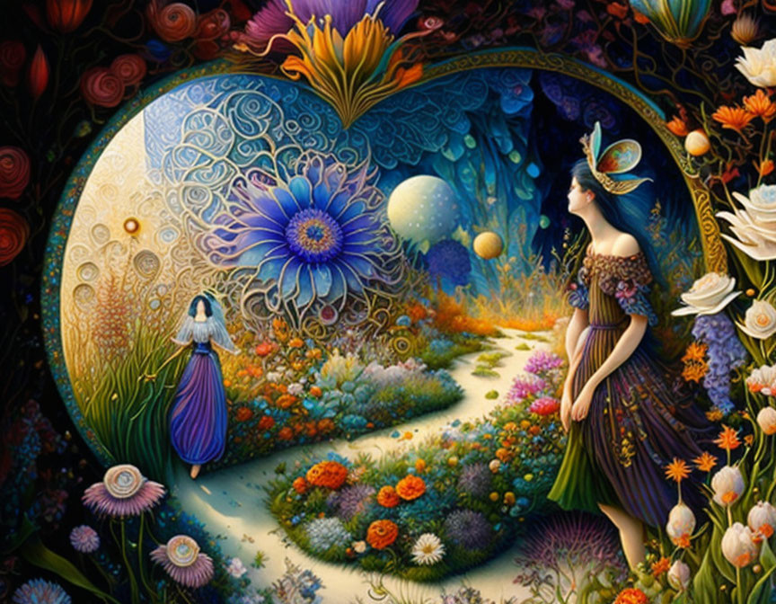 Vibrant scene of two women in elegant dresses in a whimsical garden