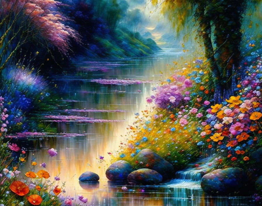 Serene river painting with lush floral banks and cascading waterfall