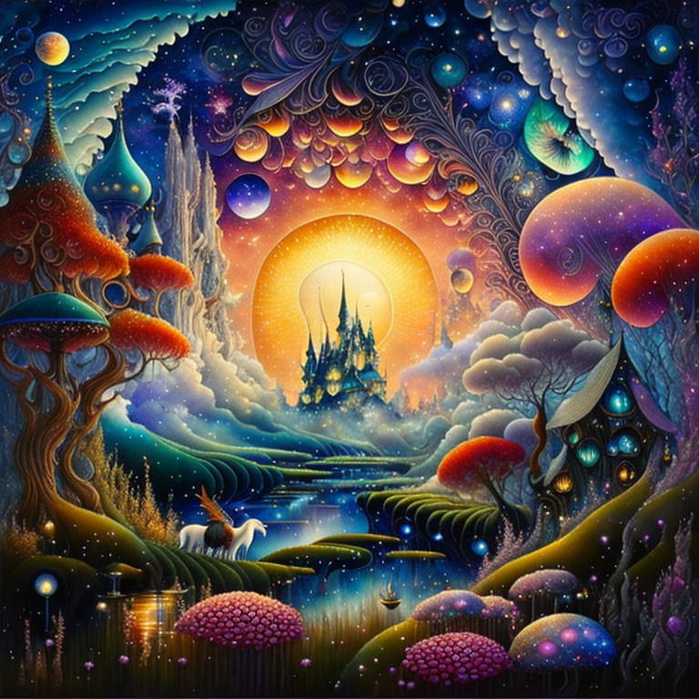 Fantasy landscape with glowing mushrooms, whimsical trees, and castle silhouette