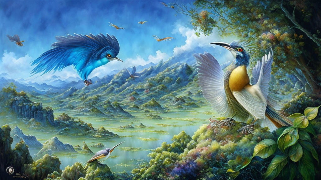 Colorful birds flying over serene landscape with waterways