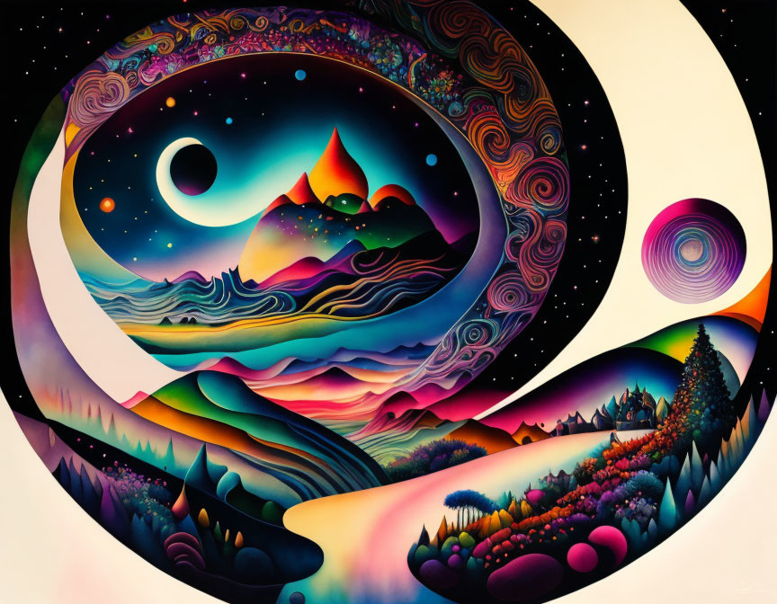 Colorful Psychedelic Landscape Art with Moon, Stars, and River