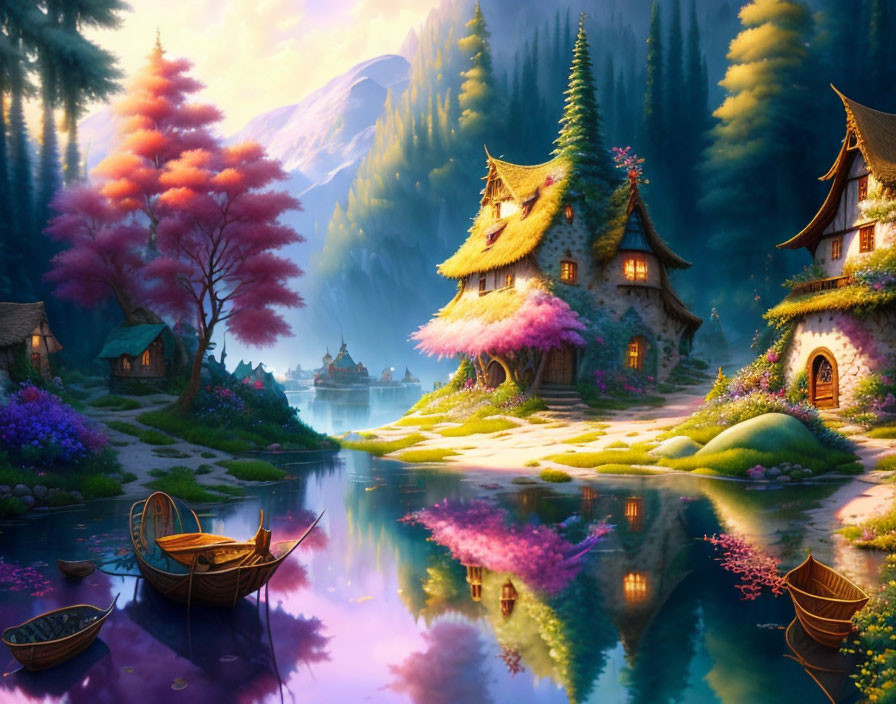 Fairytale cottages, colorful flora, river, boats, mountains - serene landscape.