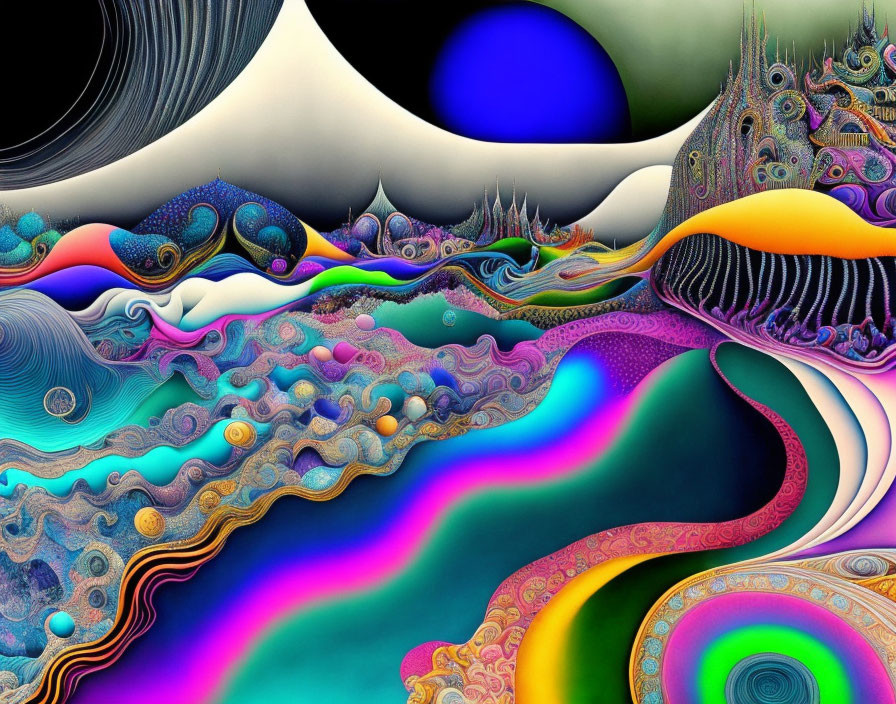 Colorful fractal image with intricate patterns in abstract landscape.