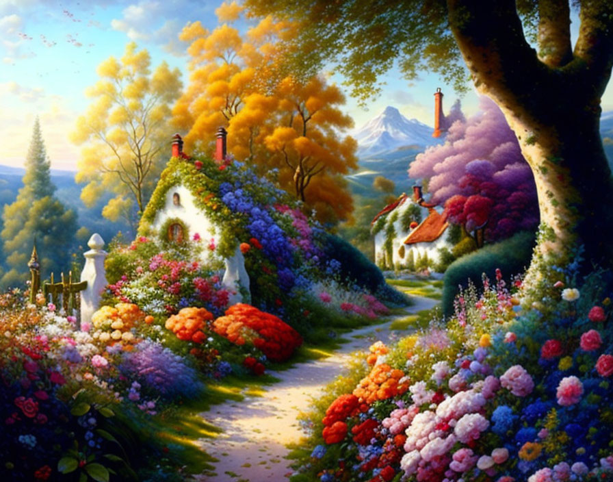 Colorful Landscape with Cottages, Gardens, Mountains, and Blue Sky