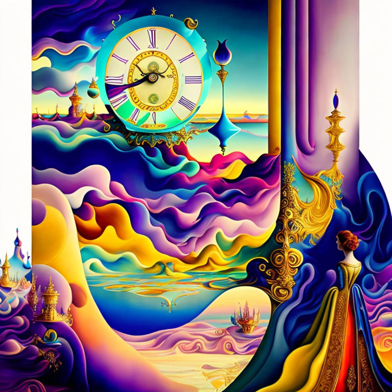 Colorful surrealistic painting with swirling landscapes, ornate architecture, and floating clock.