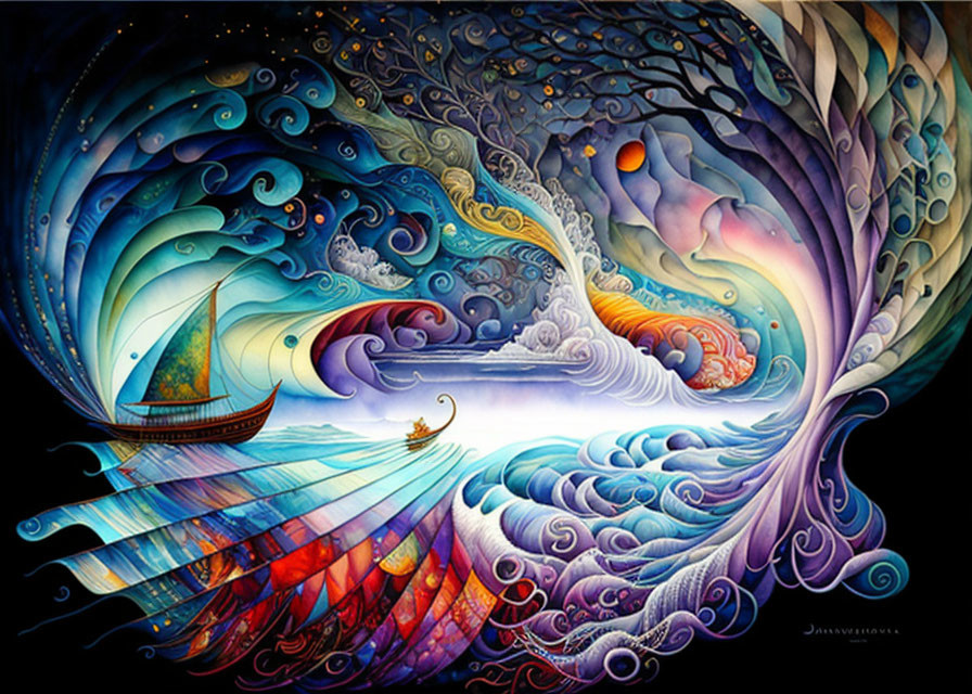 Colorful Psychedelic Ship at Sea Artwork with Swirling Waves