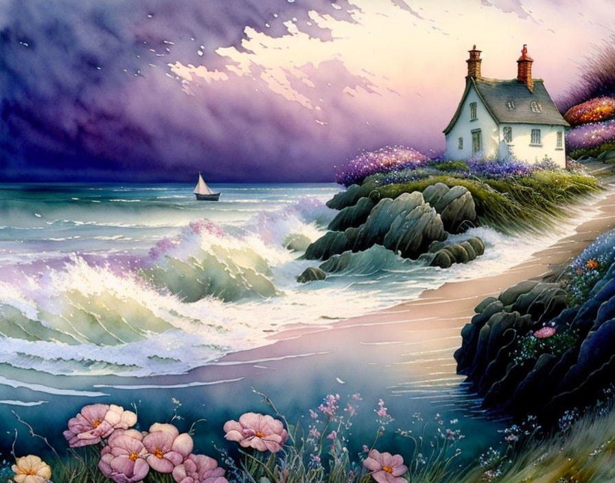 Scenic sea view with white house, floral blooms, waves, sailboat, and purple sky