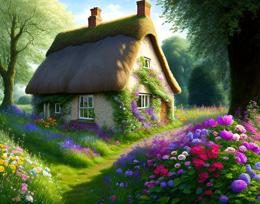 Thatched-Roof Cottage Surrounded by Lush Flowers in Forest Clearing