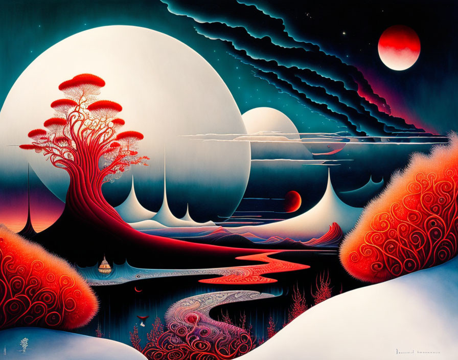 Surreal landscape with white and red moons, vegetation, and multi-layered terrain