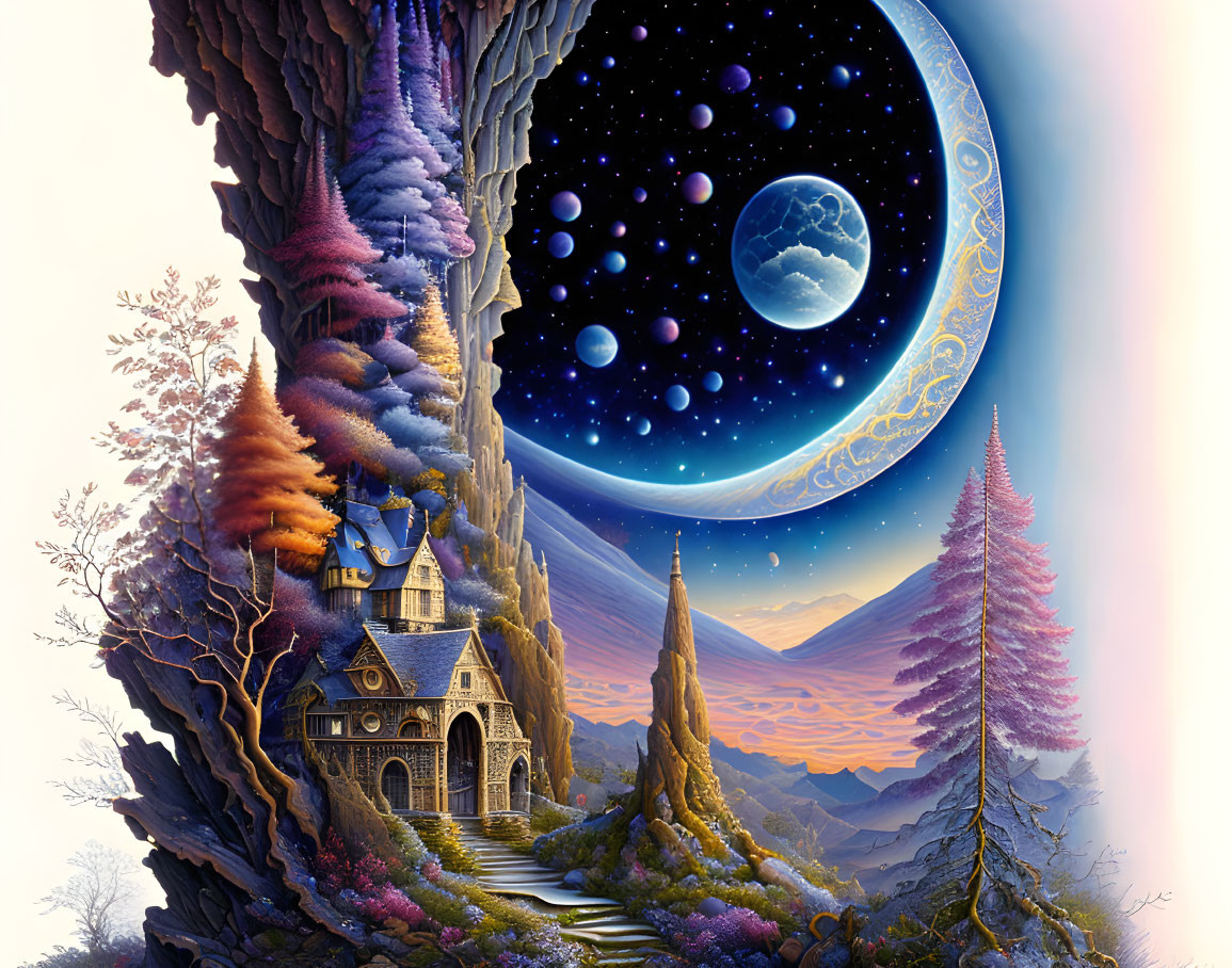 Vibrant tree-filled landscape with surreal night sky and crescent moon frame