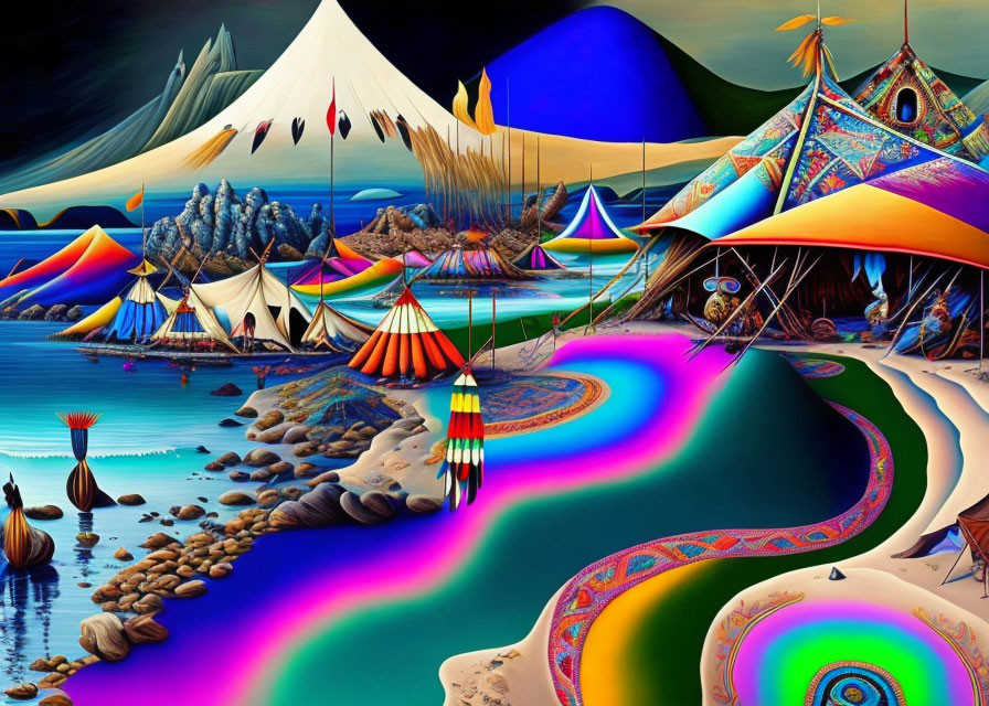 Colorful Tents, Mountains, and Rivers in Psychedelic Landscape