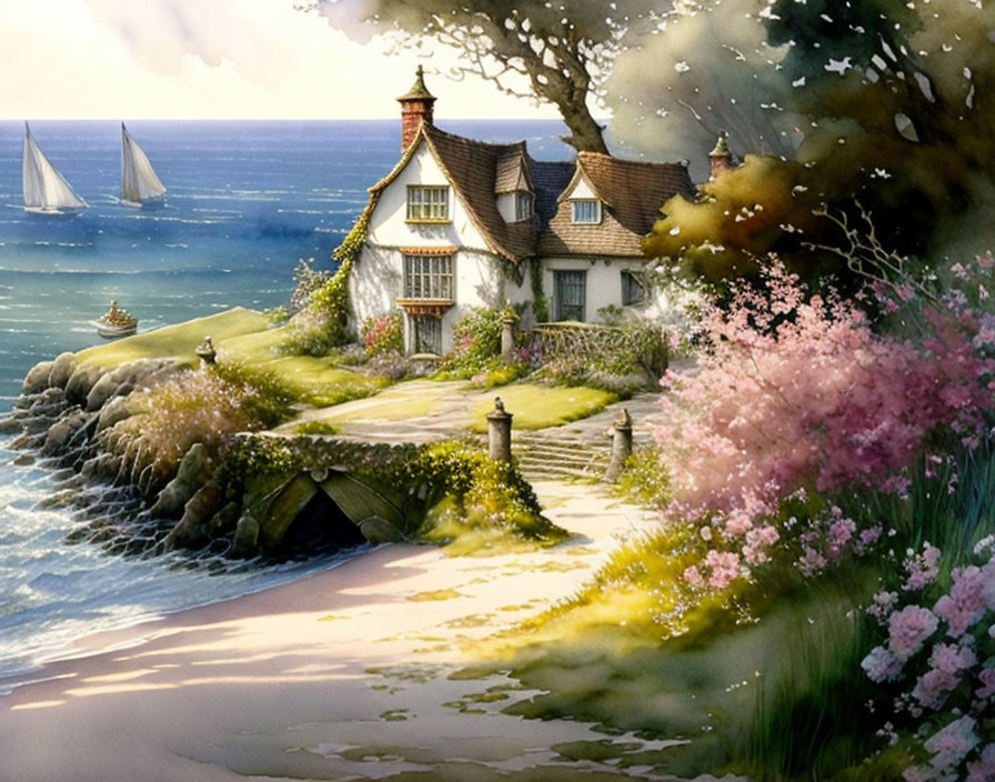 Coastal Cottage Surrounded by Blooming Trees and Sailing Boats