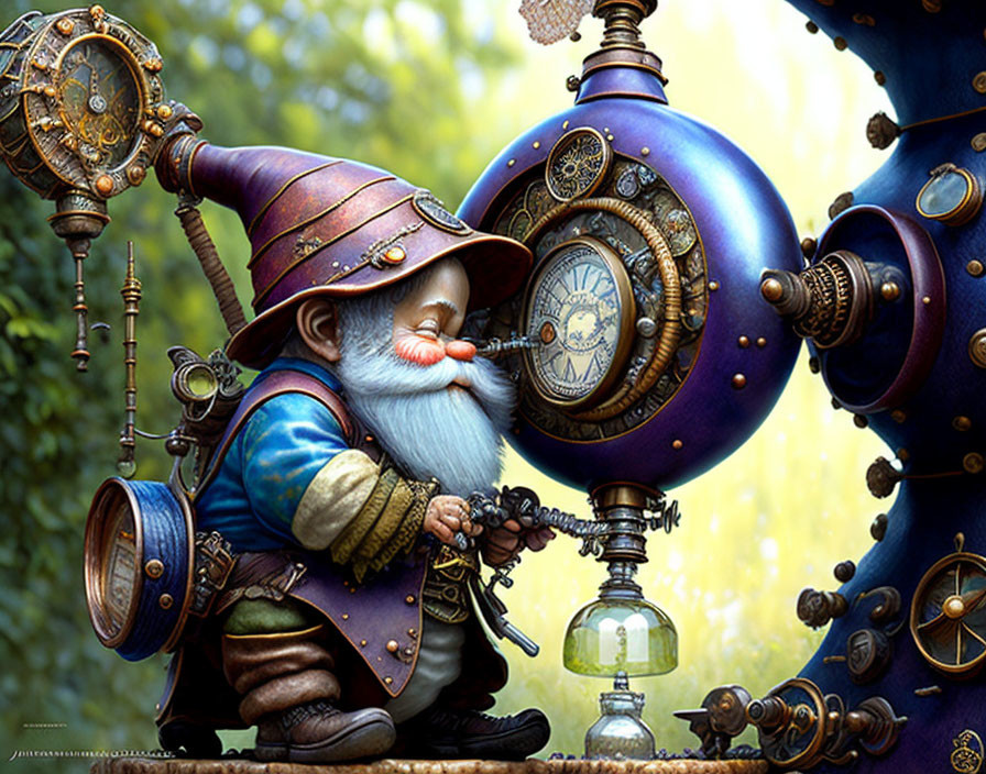 Whimsical gnome in purple hat adjusts clockwork in lush forest