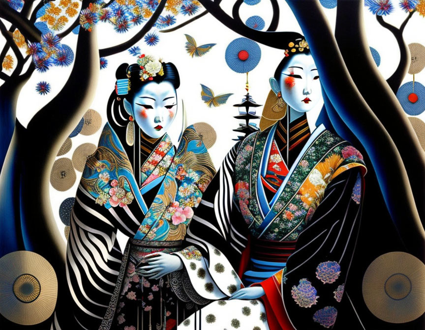 Traditional Japanese Attire Women in Colorful Nature Scene