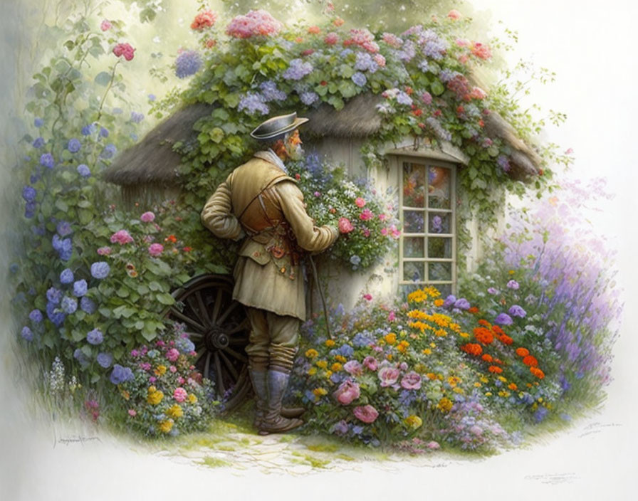 Historical person by cottage with vibrant flowers - serene illustration