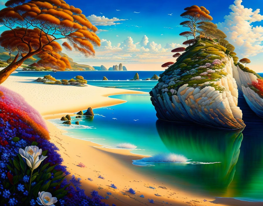 Colorful surreal landscape with beach, clear water, whimsical trees, and fantastical rock formations