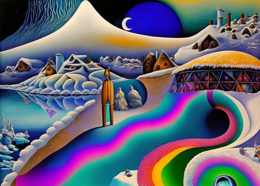 Multicolored pathway in surreal landscape with snow-covered hills