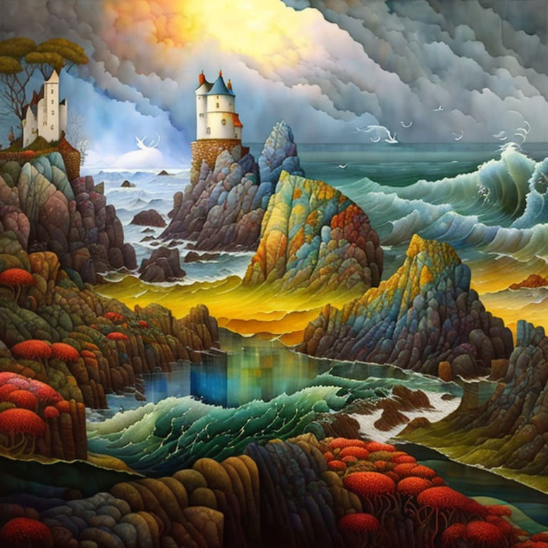 Colorful painting of lighthouse, cliffs, hills, lake, waves, seagulls, and