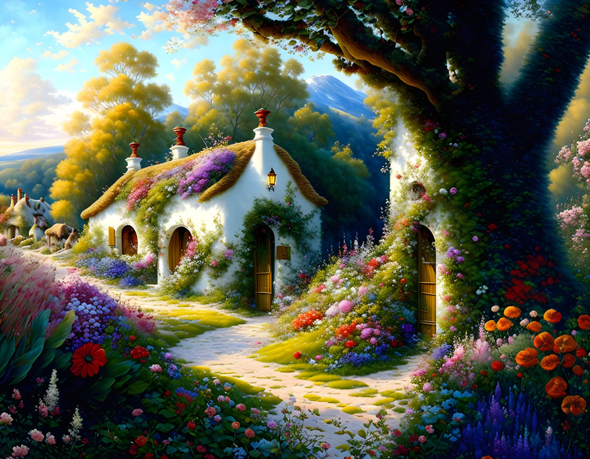 Colorful fairy tale landscape with whimsical cottages and lush gardens