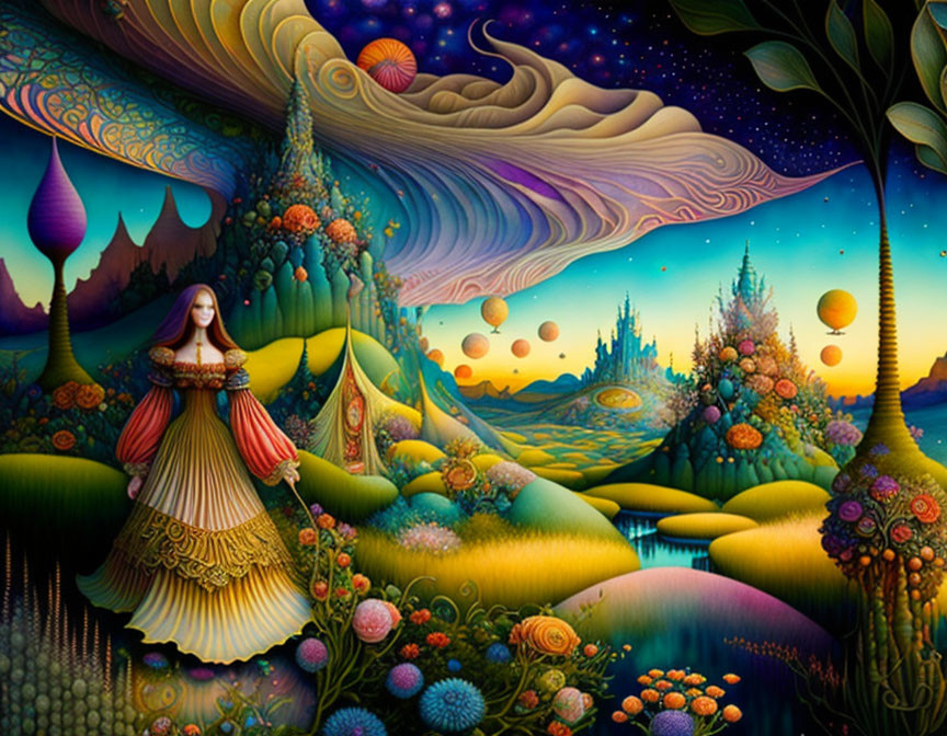 Vibrant surreal landscape with long-haired woman, fantastical flora, rolling hills, starry sky