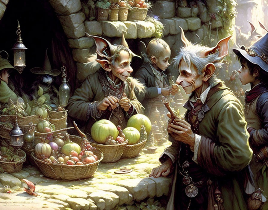 Vibrant fantasy illustration: goblins trading fruits in market