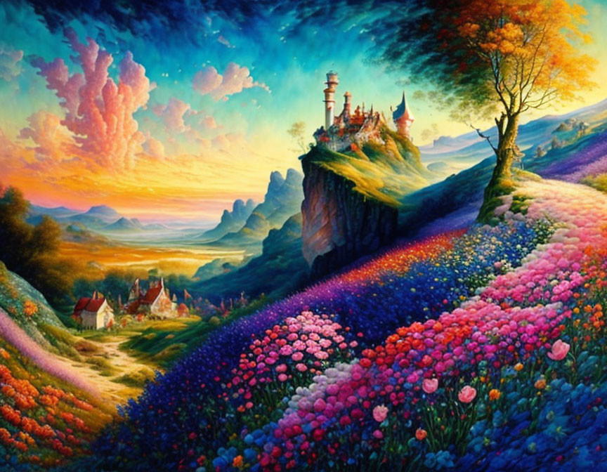 Colorful fantasy landscape painting with castle, flower fields, village, and dramatic sunset sky