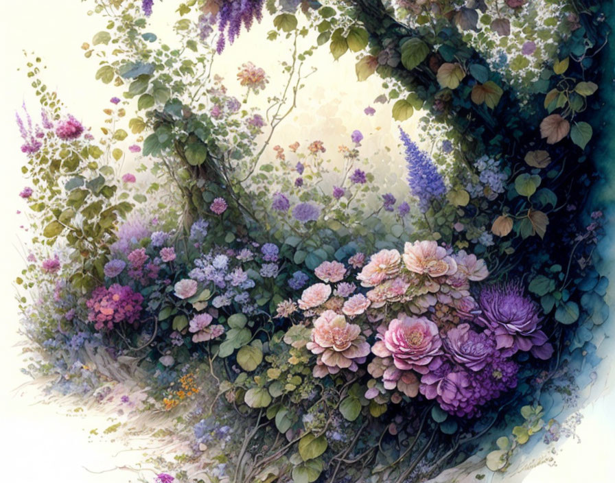 Illustration of lush garden with purple and pink flowers and greenery in soft light