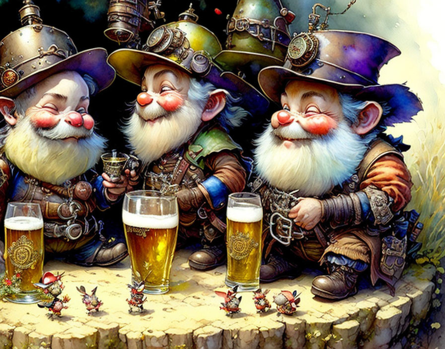 Fantasy dwarves in medieval attire with beer mugs and armored insects on stone ledge