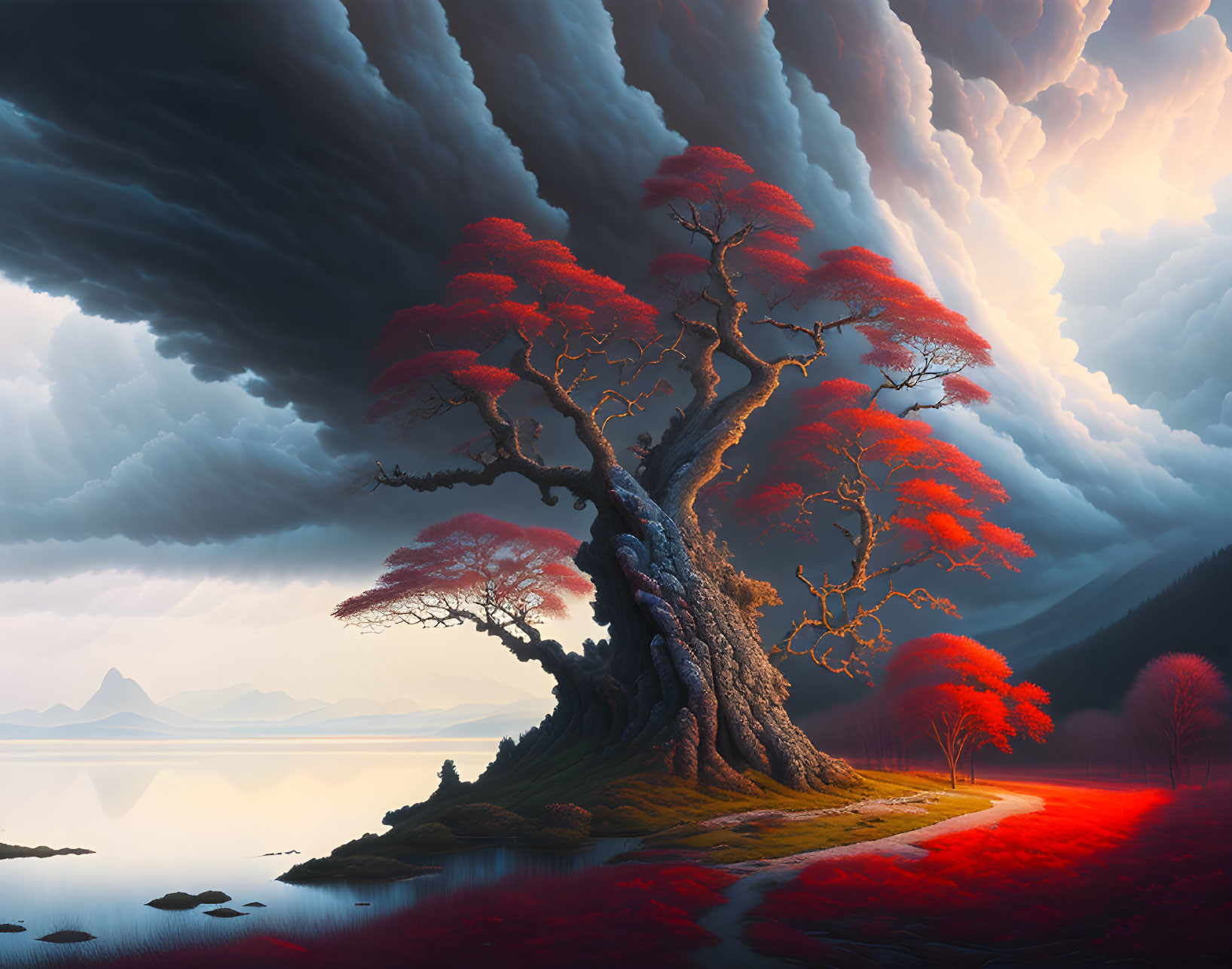 Majestic ancient tree with red foliage by lakeshore