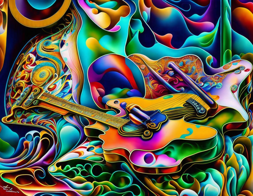 Colorful Abstract Artwork with Electric Guitar and Psychedelic Patterns