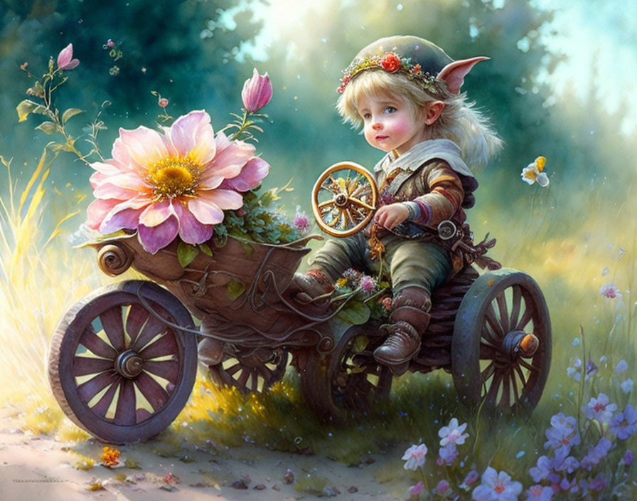 Whimsical elf child with flower crown steering cart in flower-filled clearing