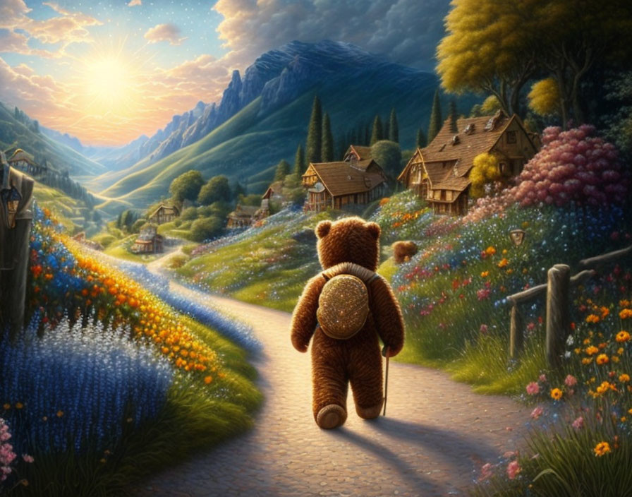 Teddy bear walking in picturesque village with flowers and mountains at sunset