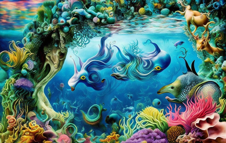 Colorful underwater scene with stylized fish, sea creatures, and coral in fantasy style