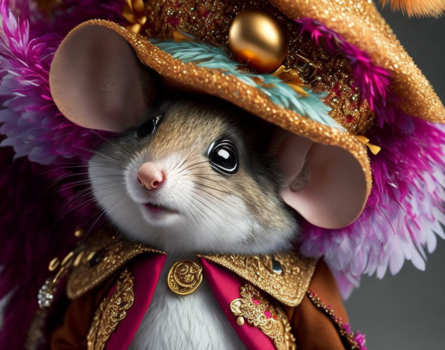 Detailed Mouse Illustration in Ornate Costume with Feathered Hat